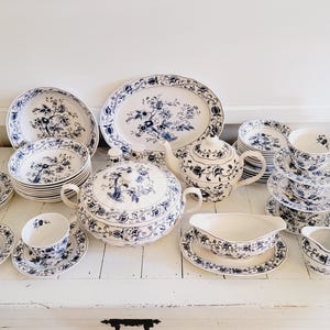 Vintage Blue and White Ironstone China Pieces Ming Tree Double Phoenix Style House
