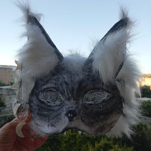 Può includere: Una maschera da gatto fatta a mano con dettagli in pelliccia grigia e bianca. La maschera presenta coperture per gli occhi in rete, orecchie a punta e un viso dipinto. Una piccola catena con ciondoli pende da un lato. Perfetta per cosplay o feste in costume.