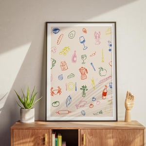 Retro dinertafel Art Print – eten en drinken poster, maximalistische keuken wanddecoratie, barwagen kunstwerk, vintage geïnspireerde muur afdrukbaar