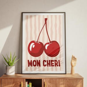 Cherry Wall Art Printable – Mon Cheri French Poster, Cute Retro Fruit Print for Kitchen or Bedroom