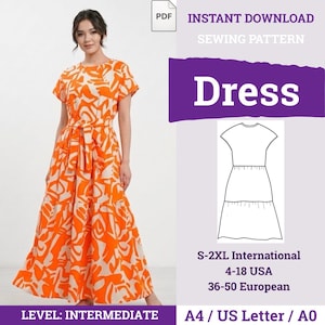 Könnte beinhalten: Ein orange-weiß gemustertes Kleid mit Bindegürtel. Das Bild enthält ein PDF-Symbol und den Text "SOFORT-DOWNLOAD NÄH-ANLEITUNG Kleid". Das Schnittmuster ist für die Größen S-2XL, 4-18 USA und 36-50 European. Das Level ist Intermediate.