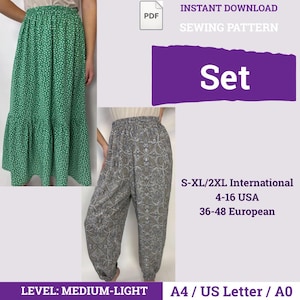 May include: A sewing pattern set featuring a green skirt with white polka dots and patterned pants. The image includes the text "INSTANT DOWNLOAD SEWING PATTERN Set" and size information: S-XL/2XL International, 4-16 USA, and 36-48 European. The pattern level is medium-light.