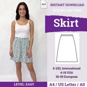 Może przedstawiać: Kobieta w białym topie i jasnozielonej spódnicy z białym kwiatowym wzorem. Obraz zawiera tekst "Skirt", "Instant Download Sewing Pattern" i "S-2XL International 4-18 USA 36-50 European". Poziom jest łatwy.