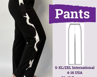 May include: Black pants featuring a white cow-print side stripe, shown in a sewing pattern digital download. Text includes: INSTANT DOWNLOAD SEWING PATTERN, Pants, S-XL/2XL International, 4-16 USA, 36-48 European, LEVEL: MEDIUM-LIGHT, A4 / US Letter / A0.