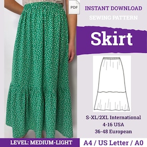 May include: A green midi skirt with a white speckled pattern, featuring an elastic waistband and a tiered hem. The image includes text: INSTANT DOWNLOAD SEWING PATTERN Skirt, S-XL/2XL International, 4-16 USA, 36-48 European, LEVEL: MEDIUM-LIGHT, A4 / US Letter / A0.