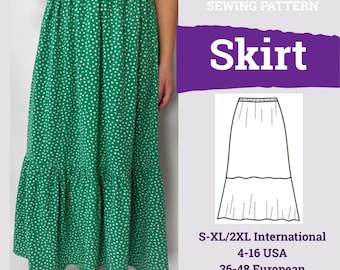 Maxi Skirt Pattern | Long Skirt Sewing Pattern PDF | Elastic Waist Maxi Skirt with Ruffle Hem | Easy Women Pattern | Women Sewing Pattern