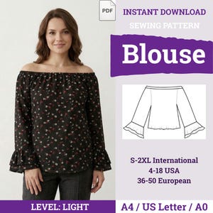 Könnte beinhalten: Eine schulterfreie Bluse mit langen Ärmeln und gerüschten Manschetten aus schwarzem Stoff mit kleinem weiß-rotem Blumenmuster. Das digitale Schnittmuster umfasst die Größen S-2XL, 4-18 USA, 36-50 europäisch, in den Formaten A4, US Letter und A0.
