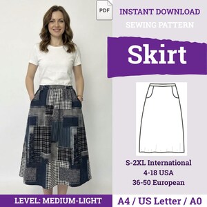 May include: A woman wearing a white t-shirt and a patchwork skirt with pockets. The skirt is a mix of blue, black, and white fabrics. The image includes text that says "Skirt", "Instant Download Sewing Pattern", and size information.