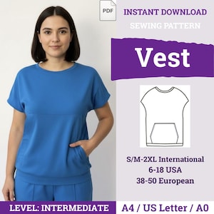 May include: A digital sewing pattern for a blue vest with short sleeves and a front pocket. The text reads: INSTANT DOWNLOAD SEWING PATTERN Vest, S/M-2XL International, 6-18 USA, 38-50 European, LEVEL: INTERMEDIATE, A4 / US Letter / A0.