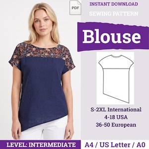 May include: A sewing pattern for a blouse, featuring an instant download PDF. The design includes a short-sleeved blouse with a dark blue main body and a floral patterned yoke. Text includes Blouse, S-2XL International, 4-18 USA, 36-50 European, Level: Intermediate, A4 / US Letter / A0.