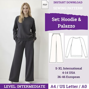 May include: A digital sewing pattern for a hoodie and palazzo pants set. The image displays a dark gray long-sleeve sweatshirt and matching wide-leg trousers. Text includes "Set: Hoodie & Palazzo", "S-XL International", "4-14 USA", and "36-46 European".