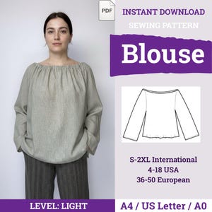 Op de afbeelding: Een digitaal naaipatroon voor een blouse met lange mouwen en een geplooide halslijn. Het document bevat de tekst INSTANT DOWNLOAD SEWING PATTERN Blouse, de maten S-2XL International, 4-18 USA, 36-50 European en LEVEL: LIGHT.