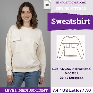 Patron de pull avec poches | Patron de couture pour sweat-shirt ample PDF | Patron de couture pour débutants | Patron de couture femme |