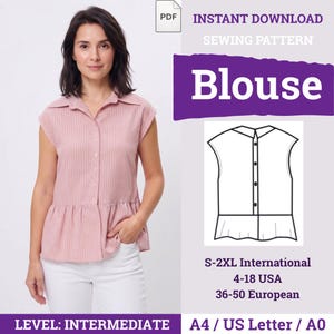 Peut inclure: Un chemisier rose sans manches à rayures verticales blanches, doté d'un col et d'une fermeture boutonnée. Le patron de couture numérique affiche "INSTANT DOWNLOAD SEWING PATTERN Blouse", les tailles S-2XL, 4-18 USA, 36-50 European et formats A4/A0.