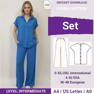 May include: A woman wearing a blue button-down shirt and matching wide-leg pants. The image includes a sewing pattern set with line drawings of a shirt and pants. Text on the image reads "Instant Download Sewing Pattern" and "Set". The pattern is for sizes S-XL/2XL.
