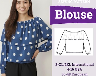 Könnte beinhalten: Eine blaue Bluse mit weißen Punkten, schulterfreiem Ausschnitt mit Rüschenbesatz und langen Ärmeln mit elastischen Bündchen. Das digitale Schnittmuster umfasst die Größen S-XL/2XL, 4-16 USA und 36-48 europäisch für A4/US Letter/A0.