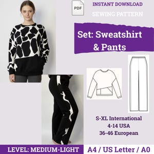 May include: A digital sewing pattern for a sweatshirt and pants set, featuring a black and white giraffe-print sweatshirt and matching black trousers with a side stripe. Includes technical line drawings, sizing from S-XL, and A4, US Letter, and A0 formats.