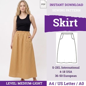 Könnte beinhalten: Ein digitales Schnittmuster für einen langen, beigefarbenen Rock mit elastischem Bund und Seitentaschen. Die Grafik enthält den Text 'INSTANT DOWNLOAD SEWING PATTERN Skirt', Größen S-2XL International, 4-18 USA und 36-50 European.
