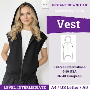 Puede incluir: Un chaleco negro con capucha y cierre de cremallera frontal. El patrón de costura digital incluye el texto: INSTANT DOWNLOAD SEWING PATTERN Vest, S-XL/2XL International, 4-16 USA, 36-48 European, LEVEL: INTERMEDIATE, A4 / US Letter / A0, y un dibujo.