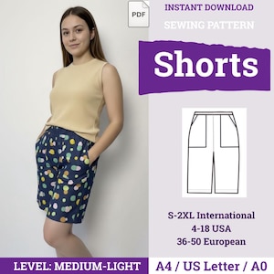 Women Shorts Pattern | Knee-Length Semi-Loose Shorts with Front Patch Pockets | Shorts Sewing Pattern PDF | Beginner Shorts Pattern |