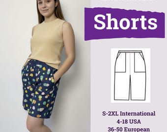 Women Shorts Pattern | Knee-Length Semi-Loose Shorts with Front Patch Pockets | Shorts Sewing Pattern PDF | Beginner Shorts Pattern |