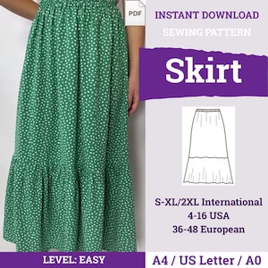 Maxi Skirt Pattern | Long Skirt Sewing Pattern PDF | Elastic Waist Maxi Skirt with Ruffle Hem | Easy Women Pattern | Women Sewing Pattern
