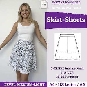 May include: A woman wearing a white tank top and a white skirt with a blue floral pattern. The image includes a sewing pattern diagram and text that reads "Skirt-Shorts" and "Instant Download Sewing Pattern". The pattern is for sizes S-XL/2XL.