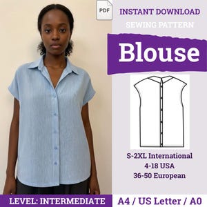 May include: A light blue short-sleeved button-down blouse with a collar. The digital sewing pattern includes text: INSTANT DOWNLOAD SEWING PATTERN Blouse, S-2XL International, 4-18 USA, 36-50 European, LEVEL: INTERMEDIATE, A4 / US Letter / A0.