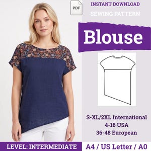 May include: A digital sewing pattern for a blouse featuring a navy blue body and a floral patterned yoke. The pattern includes sizes S-XL/2XL, 4-16 USA, and 36-48 European. The document is an instant download available in A4, US Letter, and A0 formats.