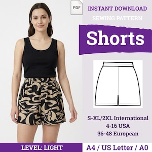 May include: A woman wearing a black tank top and patterned shorts. The shorts have a beige and black abstract design. The image includes a sewing pattern for shorts, with the text "Shorts" and "Instant Download Sewing Pattern".