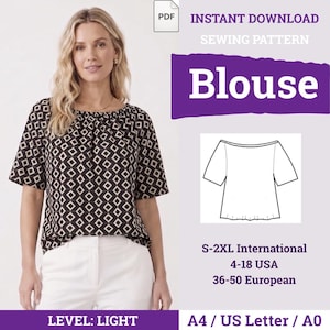 May include: A digital sewing pattern for a blouse featuring a black and white diamond geometric print. The pattern includes a line drawing of the short-sleeved, off-the-shoulder blouse, with sizing information for S-2XL, 4-18 USA, and 36-50 European.