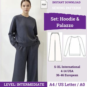 Cartamodello per felpa con cappuccio e pantaloni palazzo / Cartamodello completo donna / Cartamodello completo base / Cartamodello completo donna ampio / Cartamodello per abbigliamento da casa /