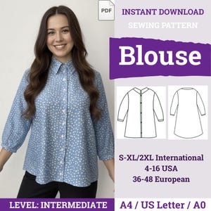 Puede incluir: Una blusa azul claro con estampado de lunares blancos, con cuello, cierre frontal de botones y mangas tres cuartos. La imagen incluye un diagrama de patrón de costura y texto que dice "Blouse", "S-XL/2XL International", "4-16 USA" y "36-48 European".
