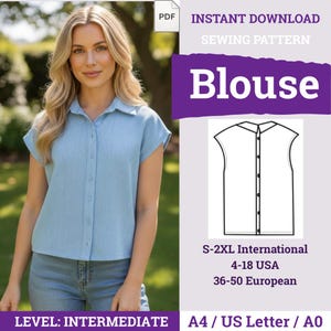 May include: A light blue short-sleeved button-down blouse with a collar. The image includes a PDF sewing pattern graphic with the text: INSTANT DOWNLOAD SEWING PATTERN Blouse, S-2XL International, 4-18 USA, 36-50 European, LEVEL: INTERMEDIATE, A4 / US Letter / A0.