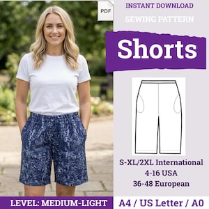 May include: A digital sewing pattern for shorts, featuring a white t-shirt and blue patterned shorts. The graphic includes the text "INSTANT DOWNLOAD SEWING PATTERN Shorts", size ranges S-XL/2XL, 4-16 USA, 36-48 European, and A4/US Letter/A0 formats.