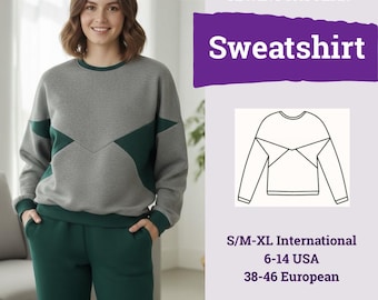 Costura de Pulôver Color Block | Molde de Moletom Oversized em PDF | Molde de Moletom | Molde de Costura Feminina | Molde de Roupa de Descanso
