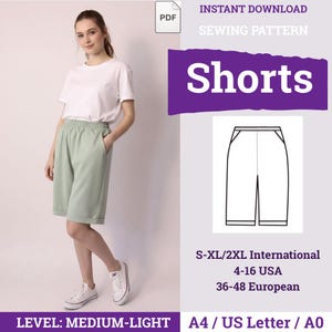 Shorts Sewing Pattern | Elastic Waist Shorts Sewing Pattern | Semi-Loose Long Shorts with Pockets | Women Casual Shorts | Shorts Pattern |