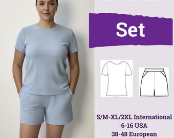 Patrón de costura en PDF: Conjunto de dos piezas para verano / Conjunto informal de verano / Camiseta semi-ajustada y pantalones cortos de punto para mujer / Conjunto minimalista de verano a juego /