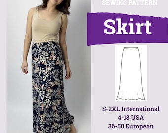 May include: A digital sewing pattern for a floor-length skirt featuring a dark blue fabric with a white and orange leaf print. The document includes text: PDF, INSTANT DOWNLOAD, SEWING PATTERN, Skirt, S-2XL International, 4-18 USA, 36-50 European, LEVEL: MEDIUM-EASY, A4 / US Letter / A0.