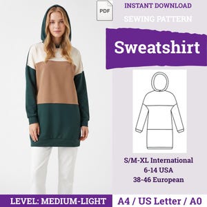 May include: A PDF sewing pattern for a colour-blocked hooded sweatshirt. The design features a cream upper chest, a tan mid-section, and a dark green lower body and sleeves. Includes technical line drawings and sizing for 6-14 USA, S/M-XL, and 38-46 European.