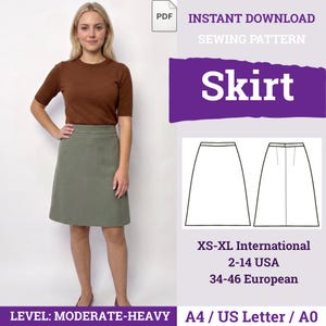 May include: An instant download sewing pattern for a skirt. The graphic includes text reading INSTANT DOWNLOAD SEWING PATTERN SKIRT, sizes XS-XL International, 2-14 USA, 34-46 European, and A4 / US Letter / A0. It shows a line drawing of a skirt.