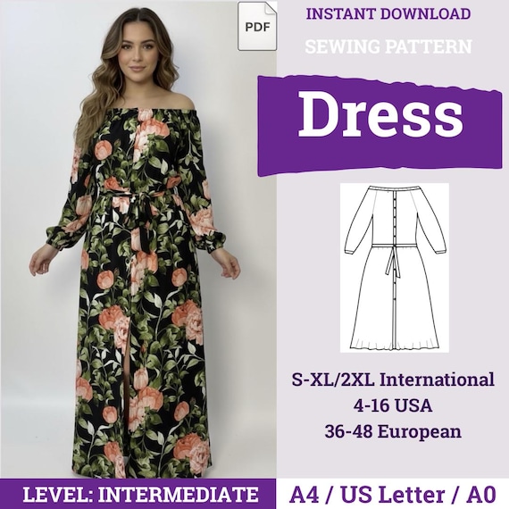 Plus size dress pattern | Summer Dress Sewing Pattern | Loose Maxi Dress  Pattern | Easy Dress Pattern | Dress Sewing Pattern Button |