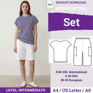 May include: A digital sewing pattern set for a short-sleeve striped top and shorts. The image displays a finished garment set, technical line drawings of the pieces, and text including "INSTANT DOWNLOAD SEWING PATTERN Set" and "6-18 USA".