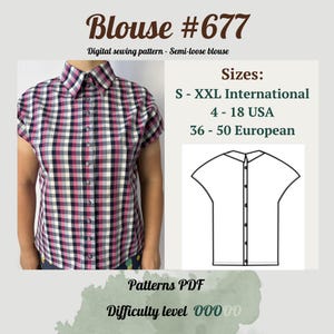 PDF Schnittmuster Halblose Bluse | DIY Shirt Muster | Frauen Schnittmuster | Bluse Schnittmuster | Button Up Shirt Muster