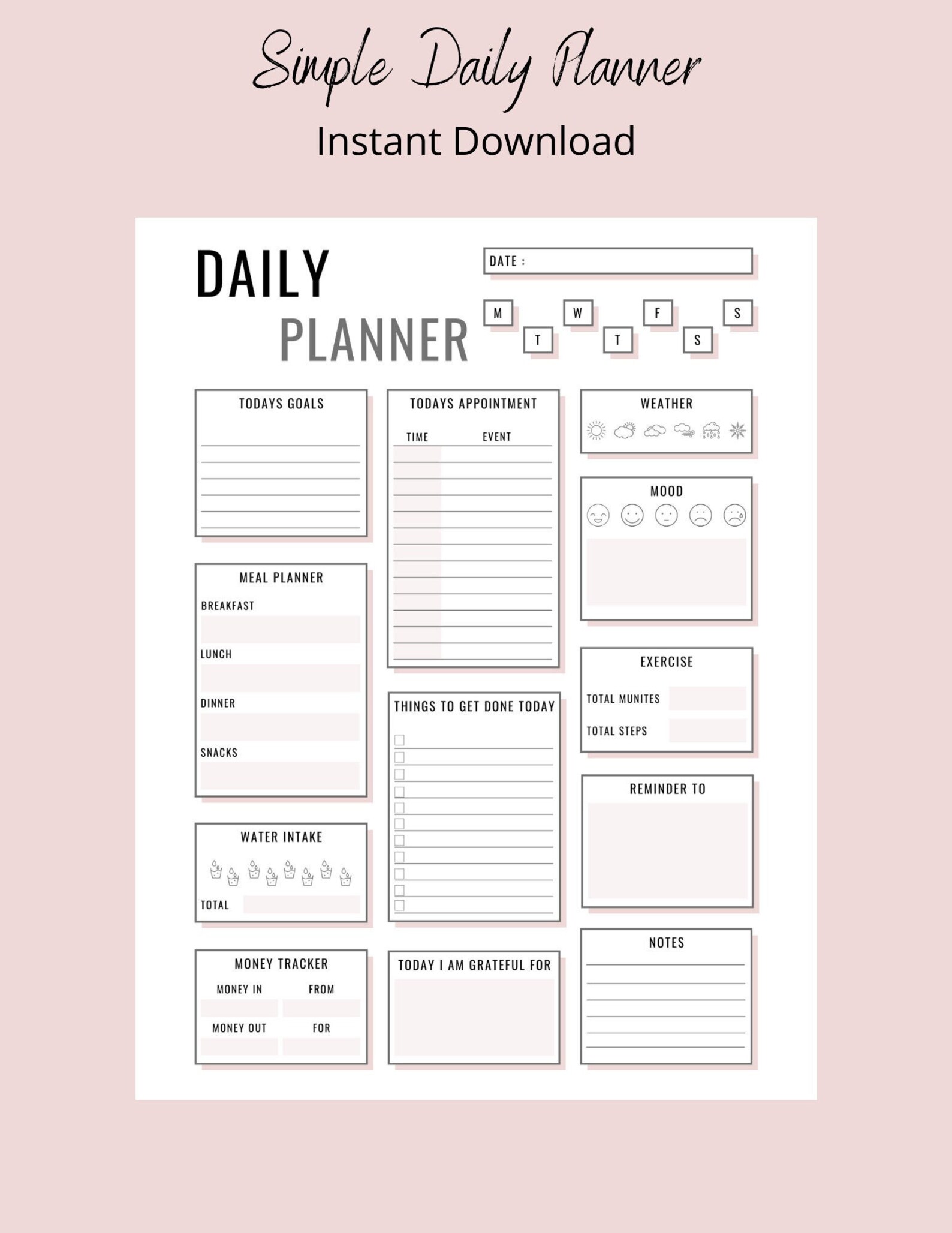Pink Daily Planner Printable Planner Weekly Schedule Weekly Etsy