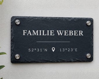 Türschild Schiefer gepersonaliseerd | Haustürschild mit Coördinaten | Familienkind Gravur | Schiefertafel Einzugsgeschenk Hochzeitsgeschenk