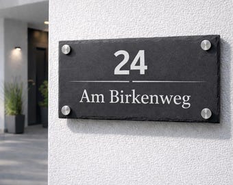 Hausnummer Schiefer 300x120 mm personalisiert – Modernes Türschild mit Edelstahl Abstandshaltern – Wetterfest für Außenbereich