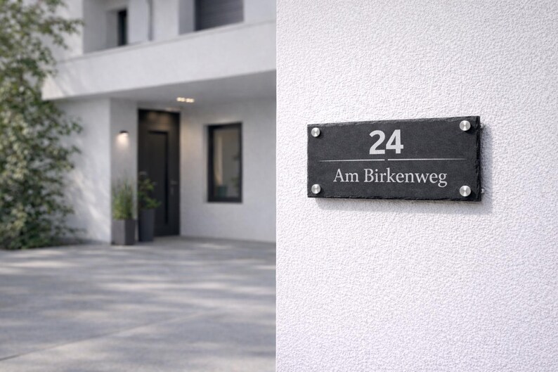 Op de afbeelding: Een rechthoekig huisnummerbord van zwarte leisteen met het nummer 24 en de tekst Am Birkenweg in witte letters. Het bord is bevestigd met vier ronde, zilverkleurige metalen afstandhouders op een gestructureerde witte muur.