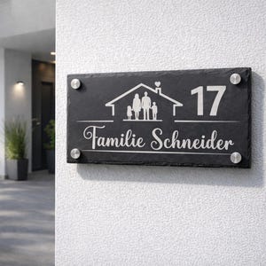 Türschild personalisiert Schiefer | Türschild Familie & Name | Hausnummer graviert | Namensschild Haustür | Geschenk Richtfest Einzug 画像 1