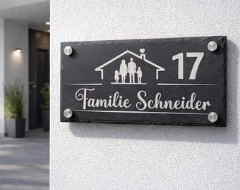 Türschild Schiefer personalisiert | Hausnummer mit Familienname laser graviert | Personalized Slate Sign Housewarming Gift